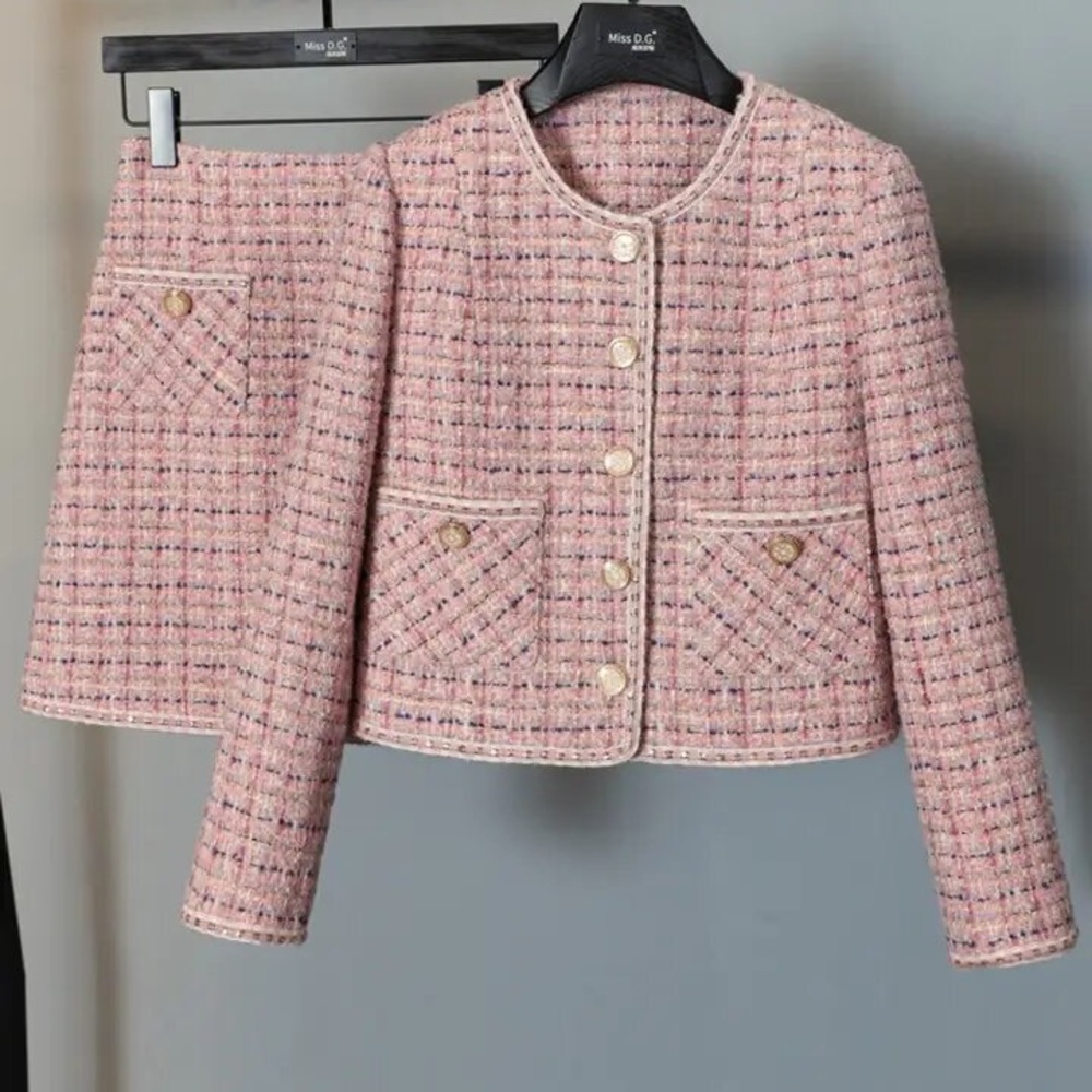 MISS D.G Fraser Tweed Jacket Rhinestone Button 2-Piece Set